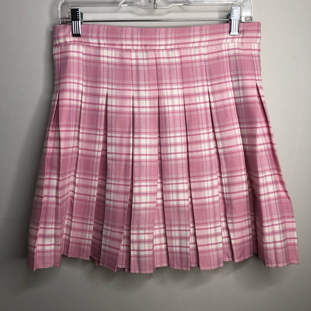 ROMWE Pink White Plaid Pleated Large Skirt